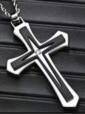 Men's Black and Silver Cross Pendant Necklace with Center Stone